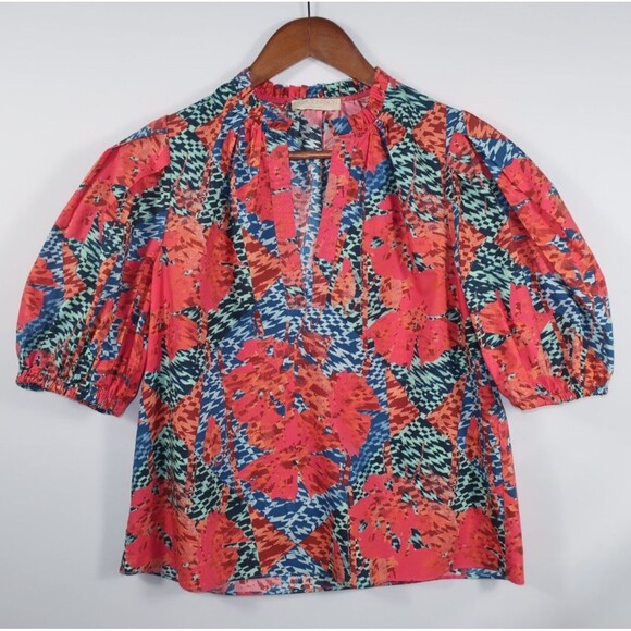Ulla Johnson Flamingo Tillie Top Cotton Poplin Puff Sleeves Split Neck Multi 2 - Picture 3 of 11